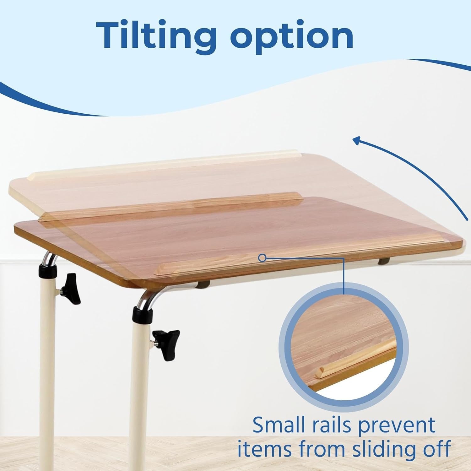 Adjustable Overbed Table with Wheels Bedside Laptop Meal Table Wood Finish