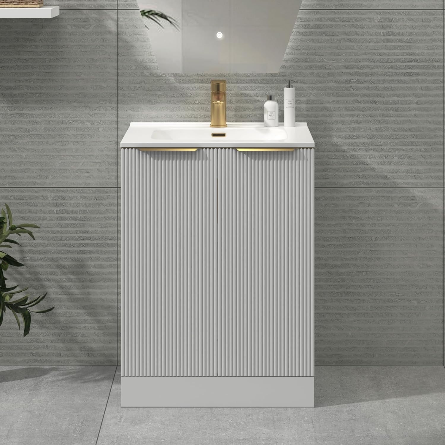 White 700mm Bathroom Vanity Unit with Basin & Brass Handles Floor Standing