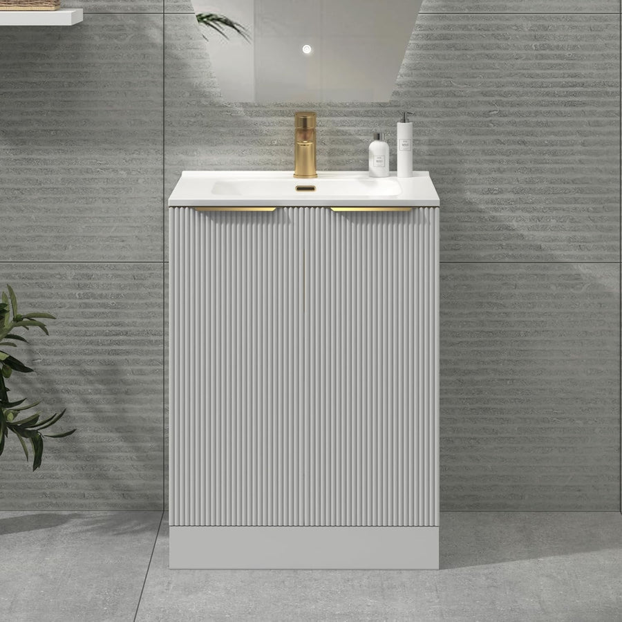 White 700mm Bathroom Vanity Unit with Basin & Brass Handles Floor Standing