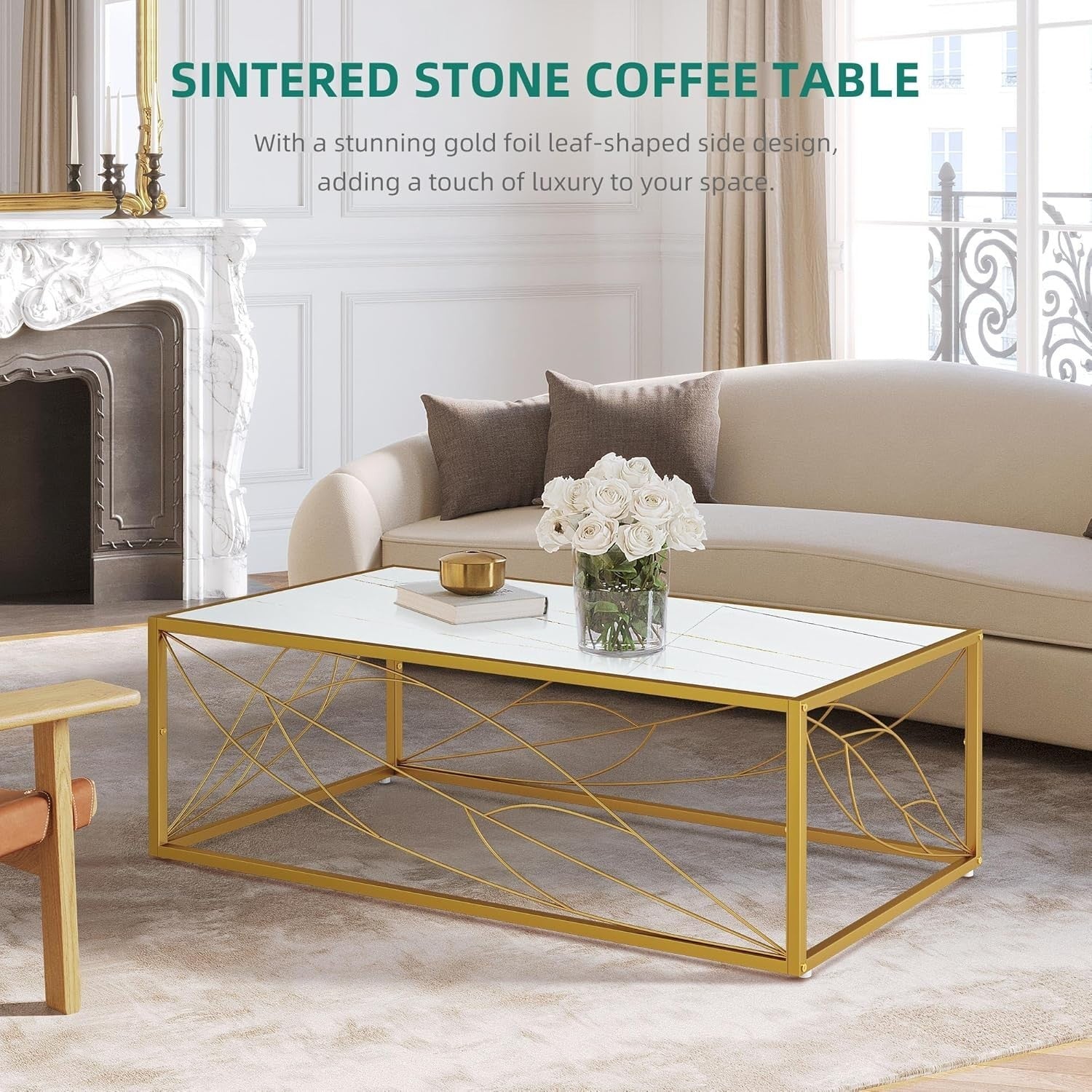 Modern White Marble Coffee Table 120x60x40cm with Metal Frame & Gold Leaf