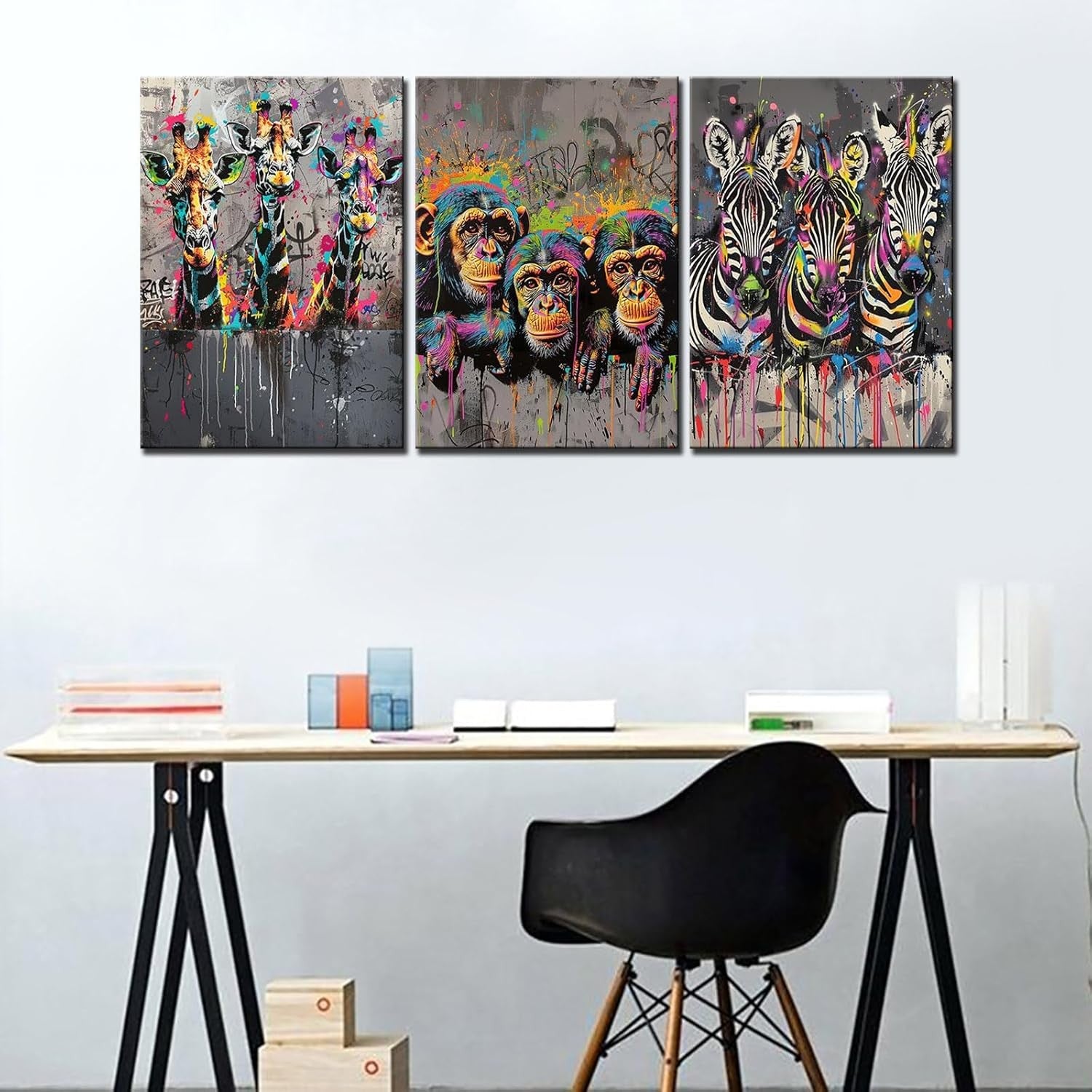 Graffiti Animal Canvas Wall Art 3 Piece 42x20 Framed