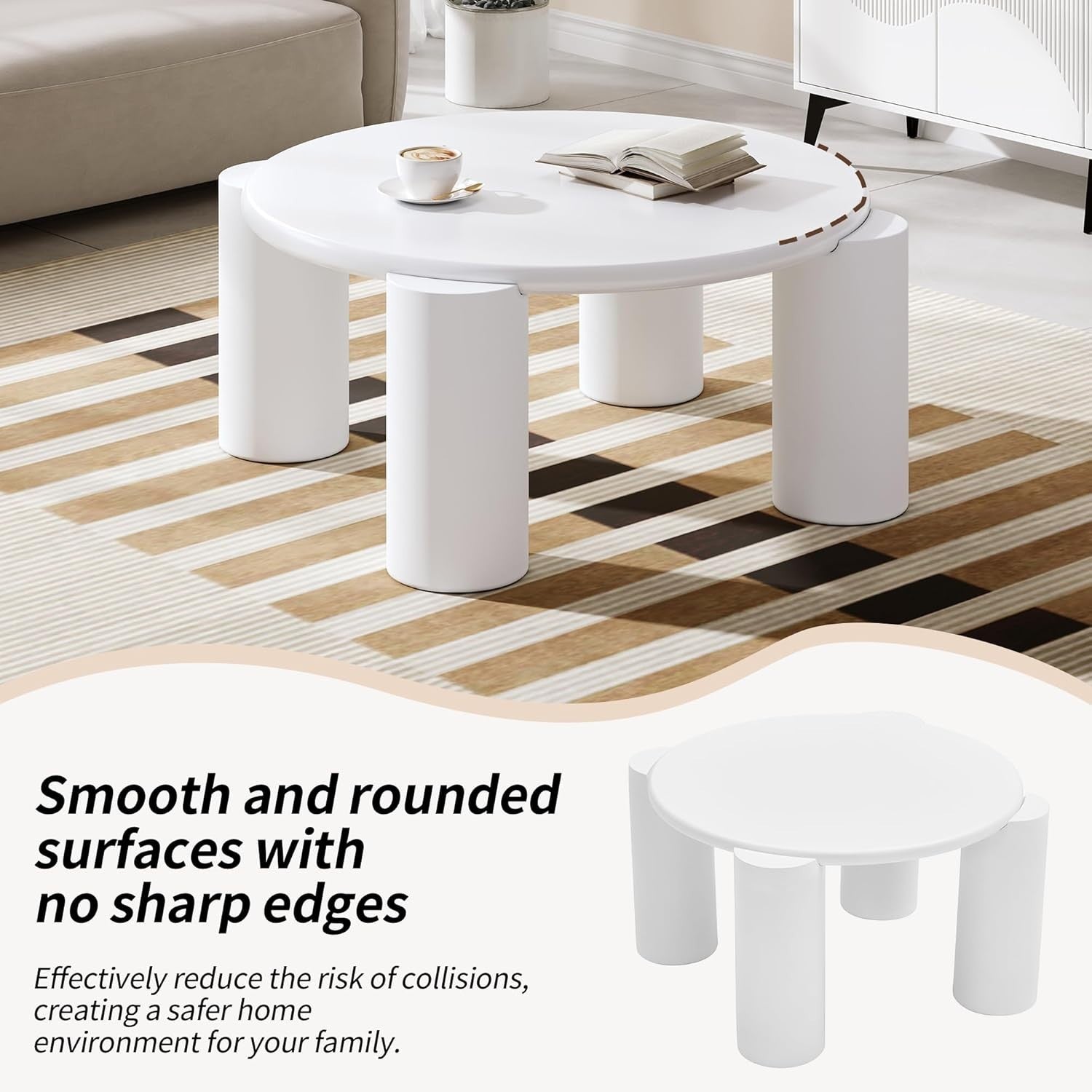 Round White Wooden Coffee Table, Stylish Modern Design, Sturdy & Space-Saving