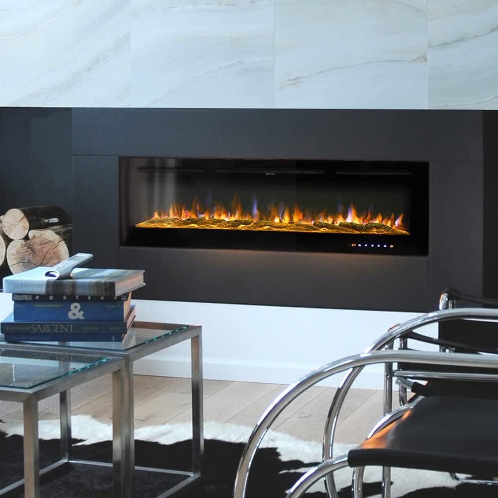 80" LED Wall Electric Fireplace Recessed Heater Log Crystal Remote