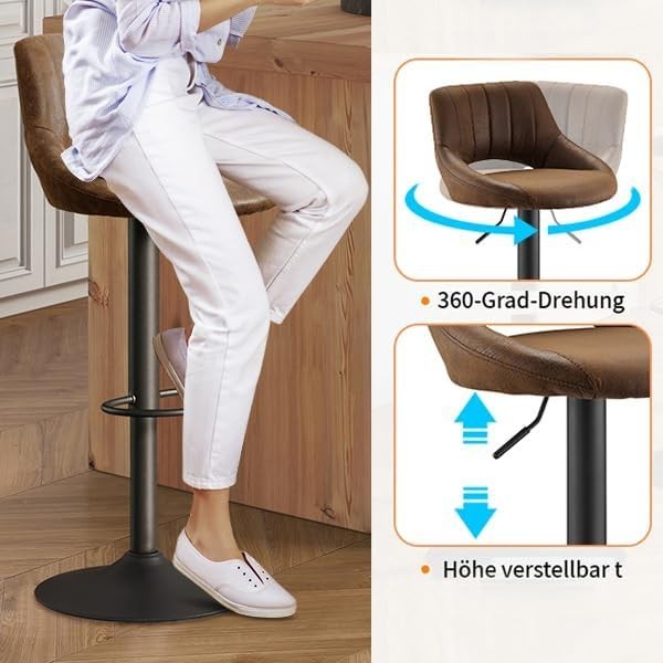 Brown Bar Stools Set of 2 | Faux Leather Seat, Adjustable Swivel, Round