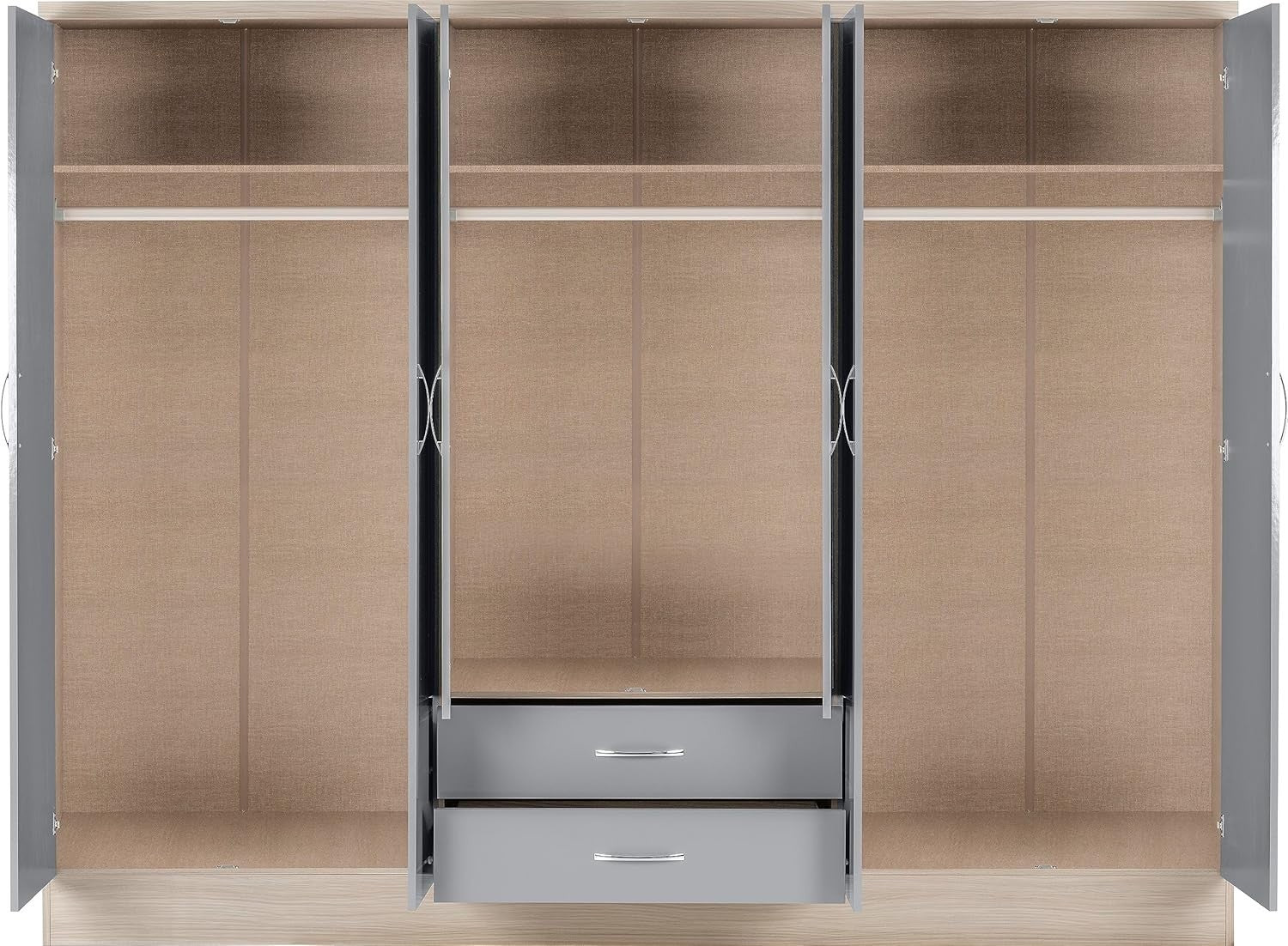 Large 6-Door Grey & Oak Wardrobe with Mirrors & 2 Drawers | Secure Storage