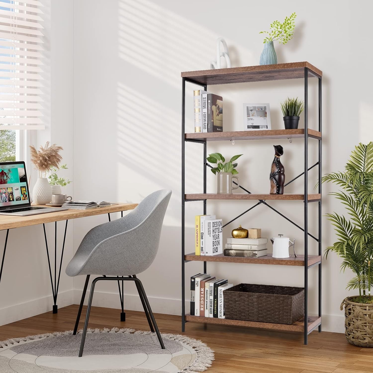 5-Tier Industrial Bookshelf Heavy-Duty Metal Frame Rustic Storage Display Rack