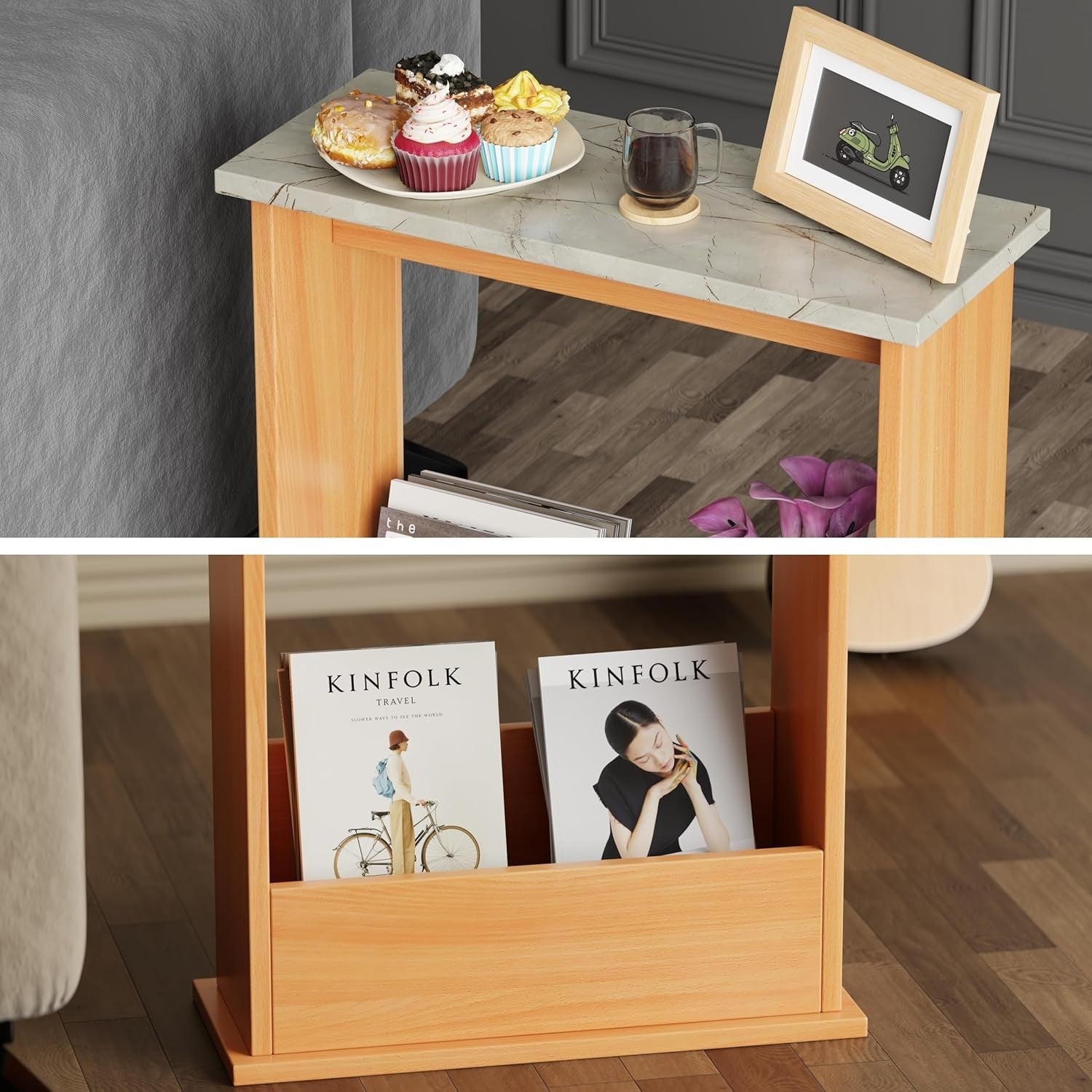 Modern Slim Side Table with Magazine Rack, Marble Top, Compact 55x45x18cm
