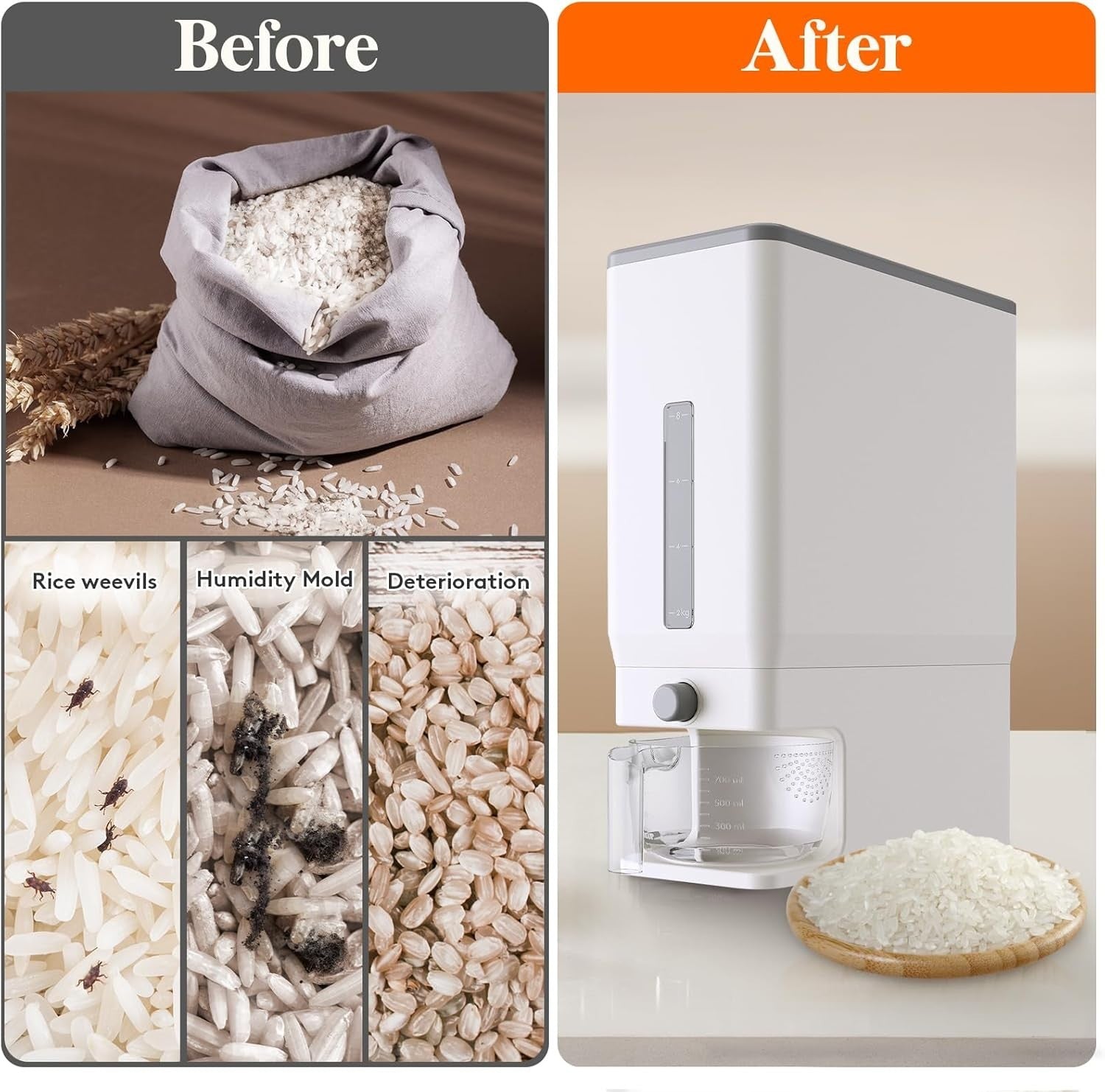 25.4lb Airtight Rice Storage Dispenser BPA Free w Measuring Cup
