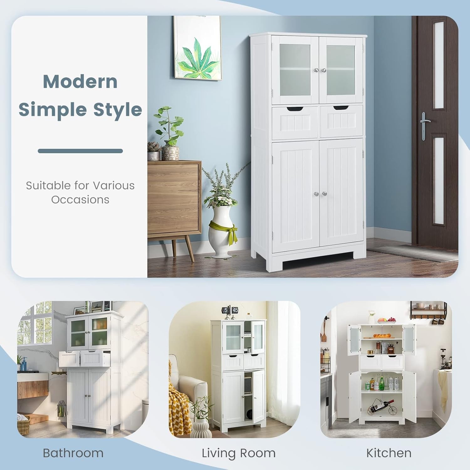 White Freestanding Storage Cabinet with Glass Doors & Drawers Shelves