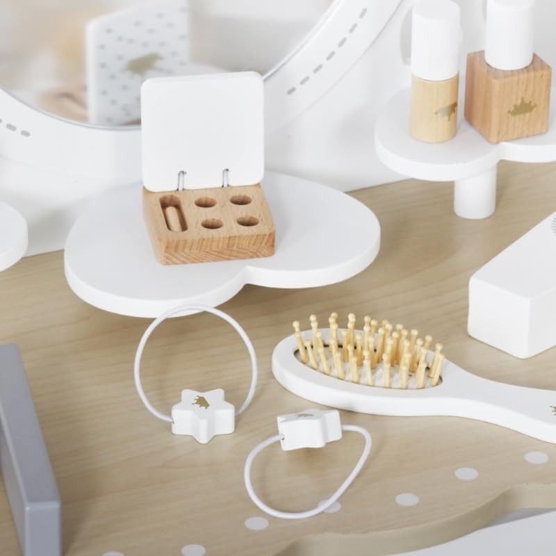 Kids Wooden Dressing Table & Stool Set 8pc Pretend Play Vanity Mirror Oak