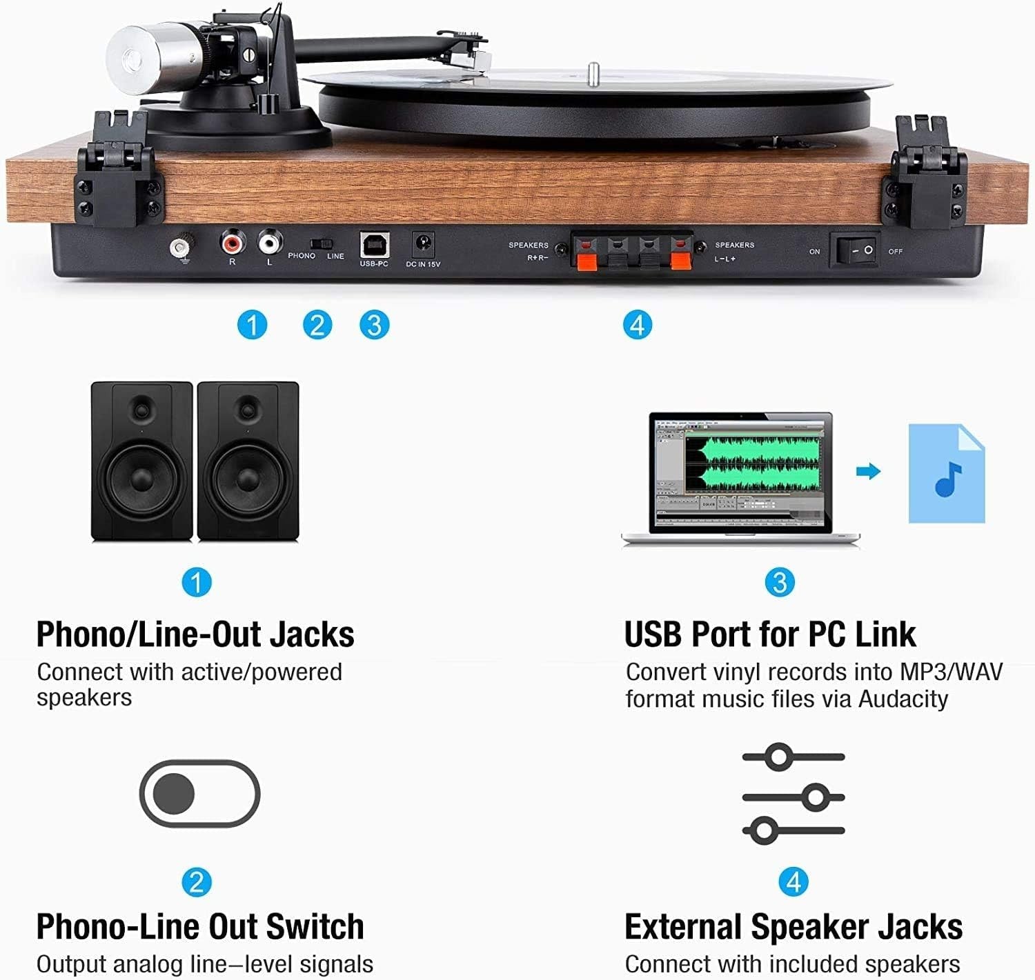 Bluetooth Vinyl Turntable Hi-Fi System with 36W Speakers & USB Recording