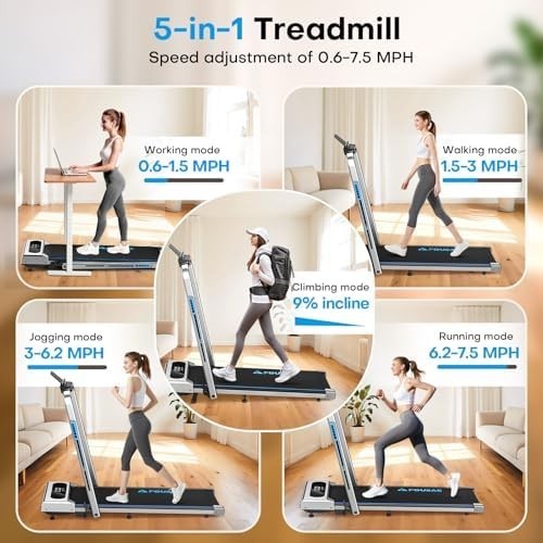 5-in-1 Foldable Treadmill 12km/h, 9% Incline, App Compatible, 350LB Capacity