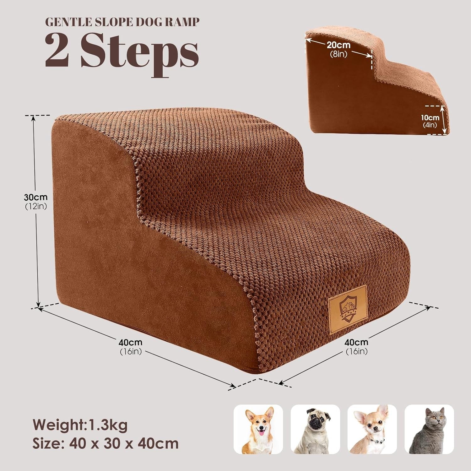 Brown 2 Step Dog Stairs 30D Foam Non Slip Pet Steps 40x30x40cm