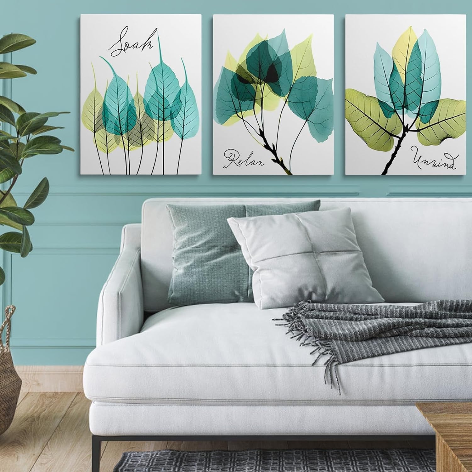 Minimalist Green Leaf Wall Art Set of 3 Canvas 12x16in