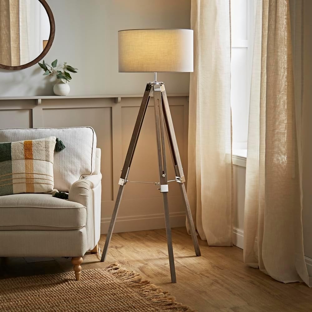 Modern Tripod Floor Lamp with Grey Drum Shade, Wood & Chrome, 154cm