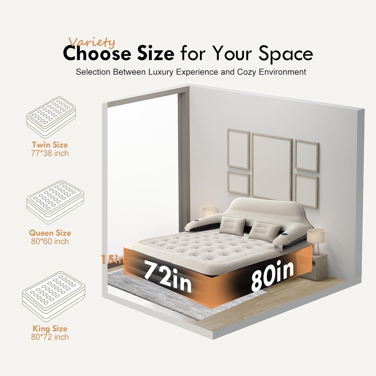 King Size Inflatable Air Bed Mattress w Headboard Pillows Fast Pump