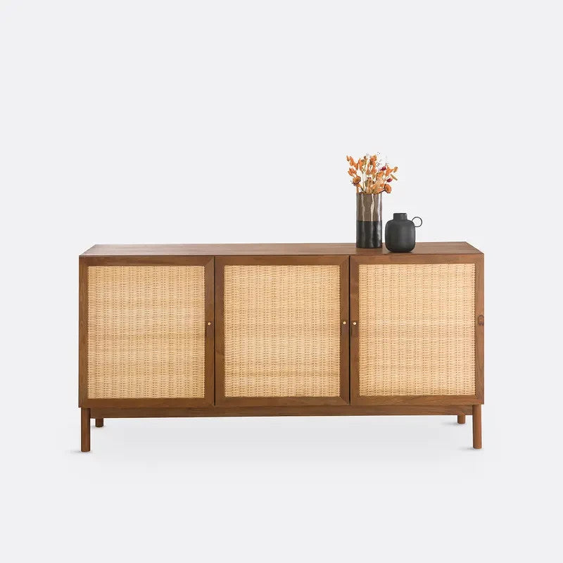 Teak Rattan Sideboard 175cm Storage Cabinet Unit with Doors & Soft Closures