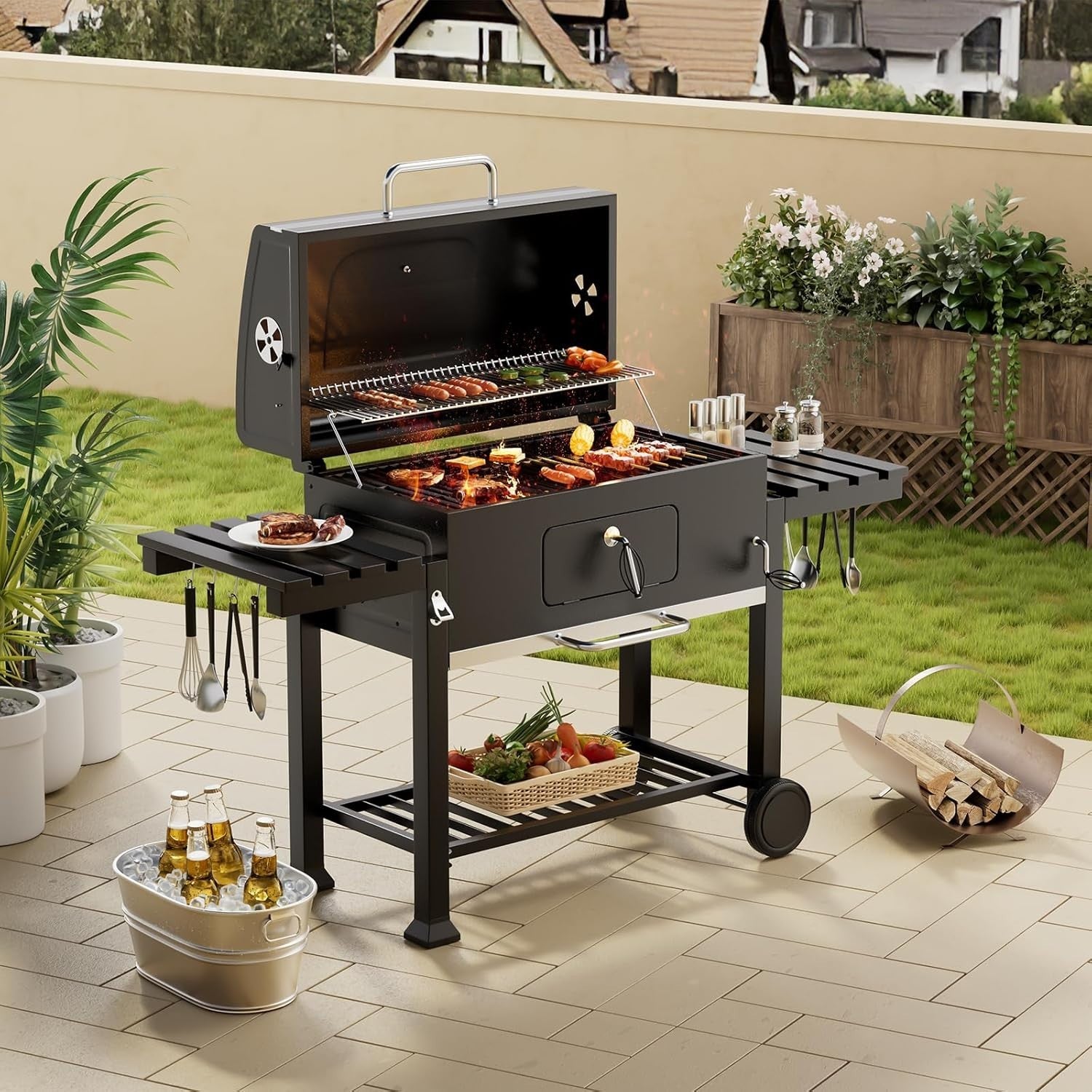 XXXL Charcoal BBQ Smoker Grill with 2 Folding Tables, Thermometer