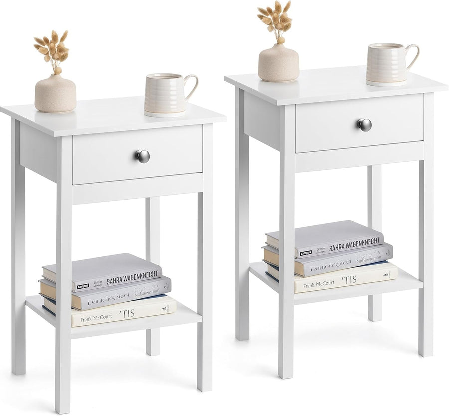 Set of 2 White Bedside Tables with Drawer & Shelf, Wooden Nightstands 60x40x30cm