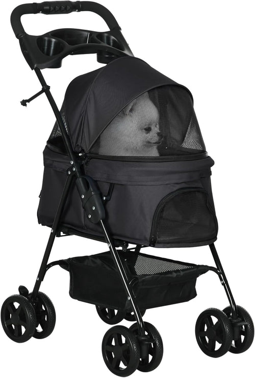 Foldable Dog Stroller Pet Pushchair 4 Wheels Safety Leashes Black