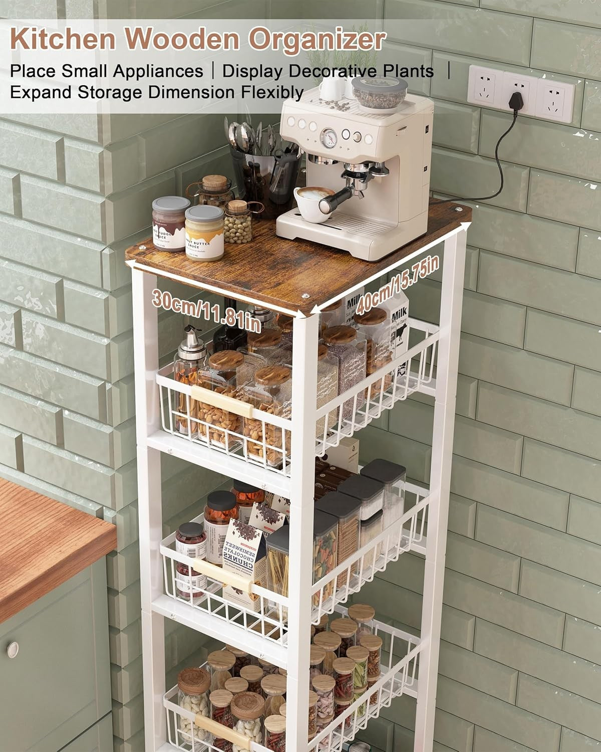 5 Tier Slim Kitchen Storage Trolley on Wheels Wood Top