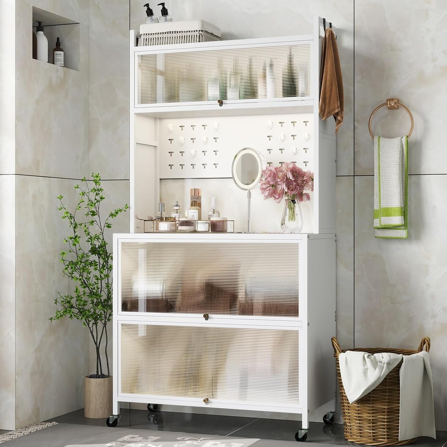 80x40x163cm White Rolling Kitchen Cabinet 5-Tier Pantry Storage with Wheels