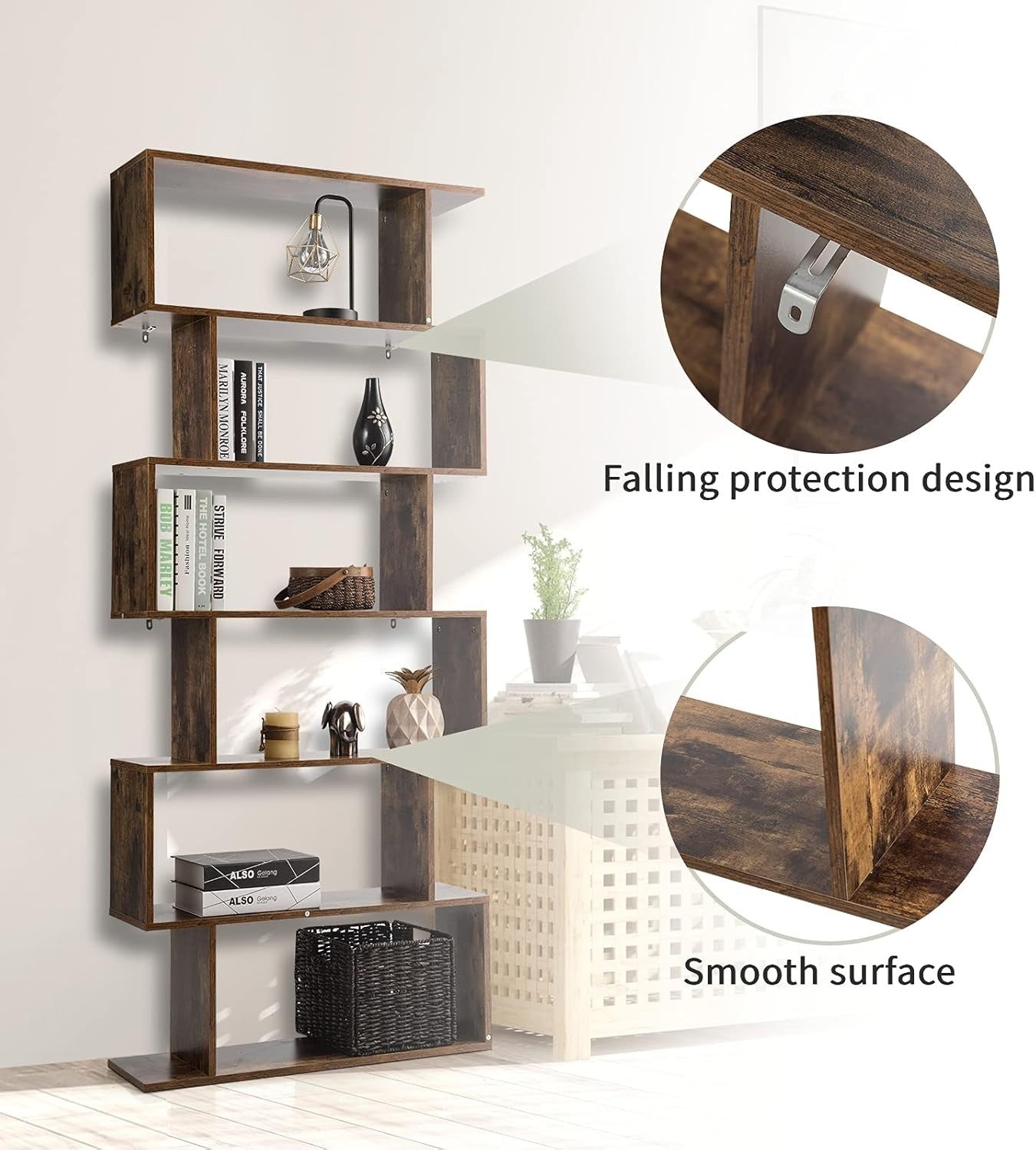 S Shaped 6 Tier Wooden Bookcase Freestanding Display Storage Shelf Rustic Brown
