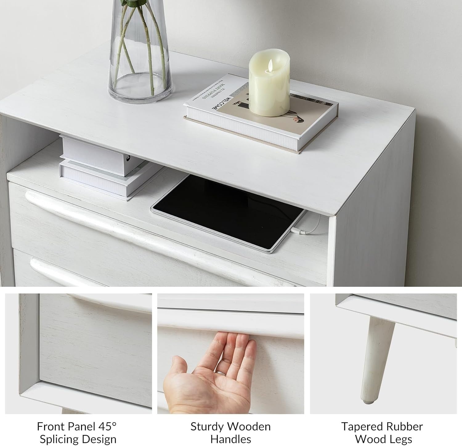 White Wooden Bedside Table with 2 Drawers & Open Shelf – Mid-Century Modern