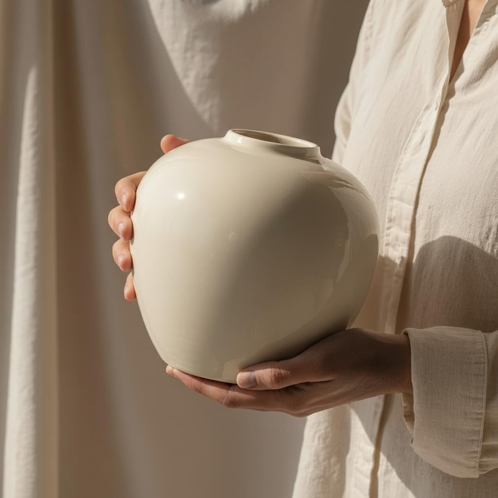 Cream Ceramic Flower Vase 20cm Round Minimalist Modern Home Décor