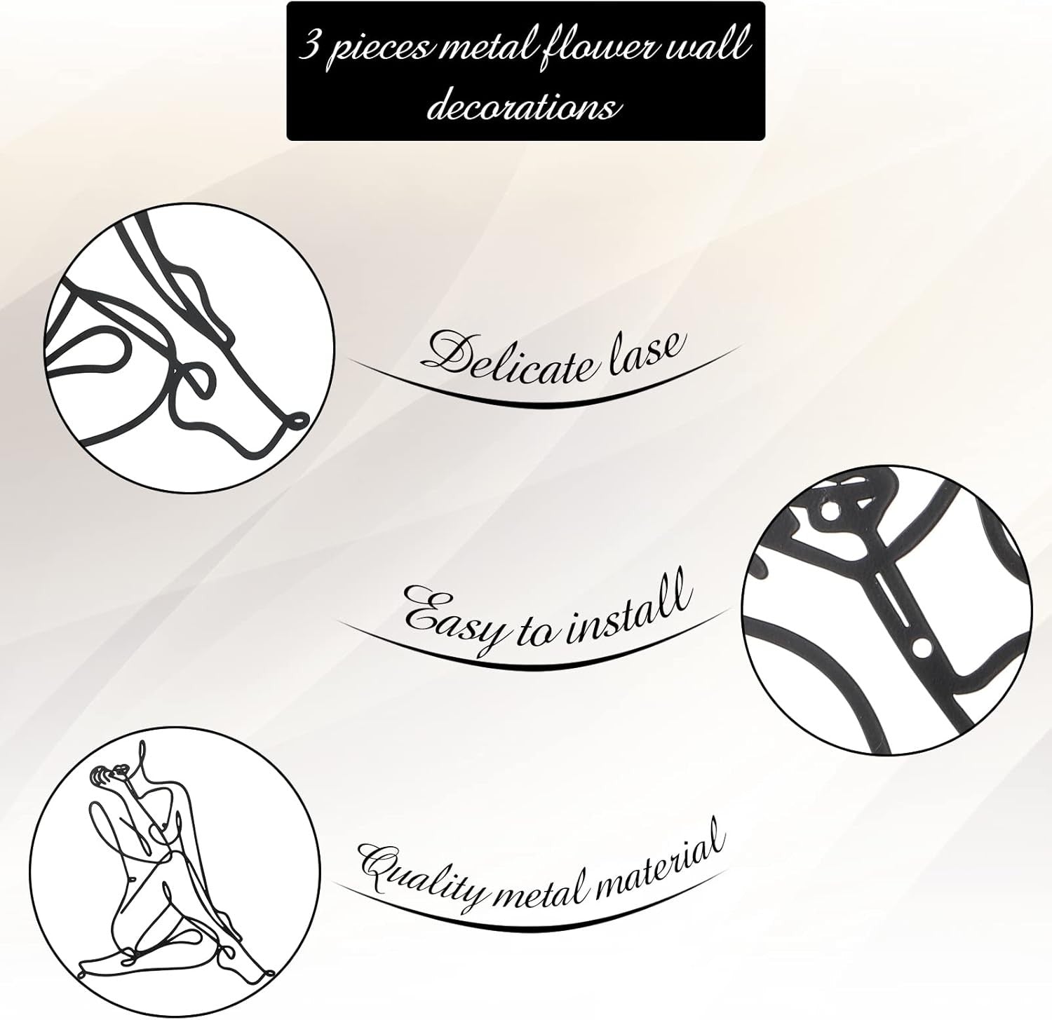 3-Piece Black Metal Wall Art Minimalist Abstract Woman Decor
