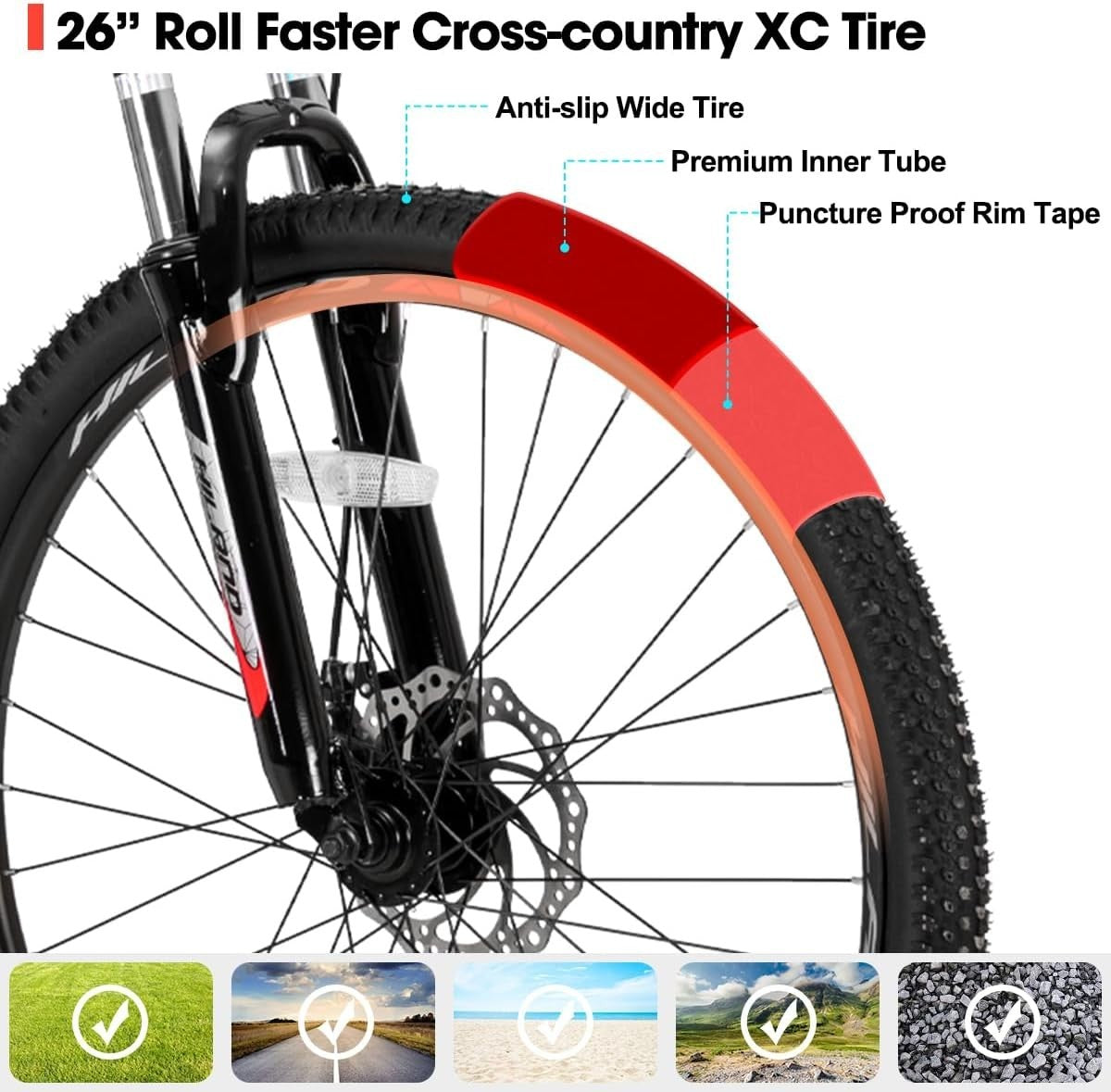26” Mountain Bike 21-Speed Aluminum Frame Disc Brake MTB for Adults