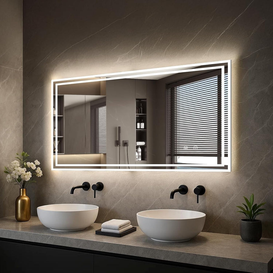 LED Bathroom Mirror 100x60cm Touch Sensor Anti-Fog IP54 Waterproof Wall Mount