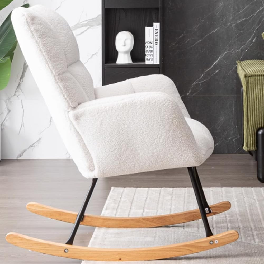 White Bouclé Rocking Chair with Arms, Comfy Sofa Accent Seat 49D x 54W