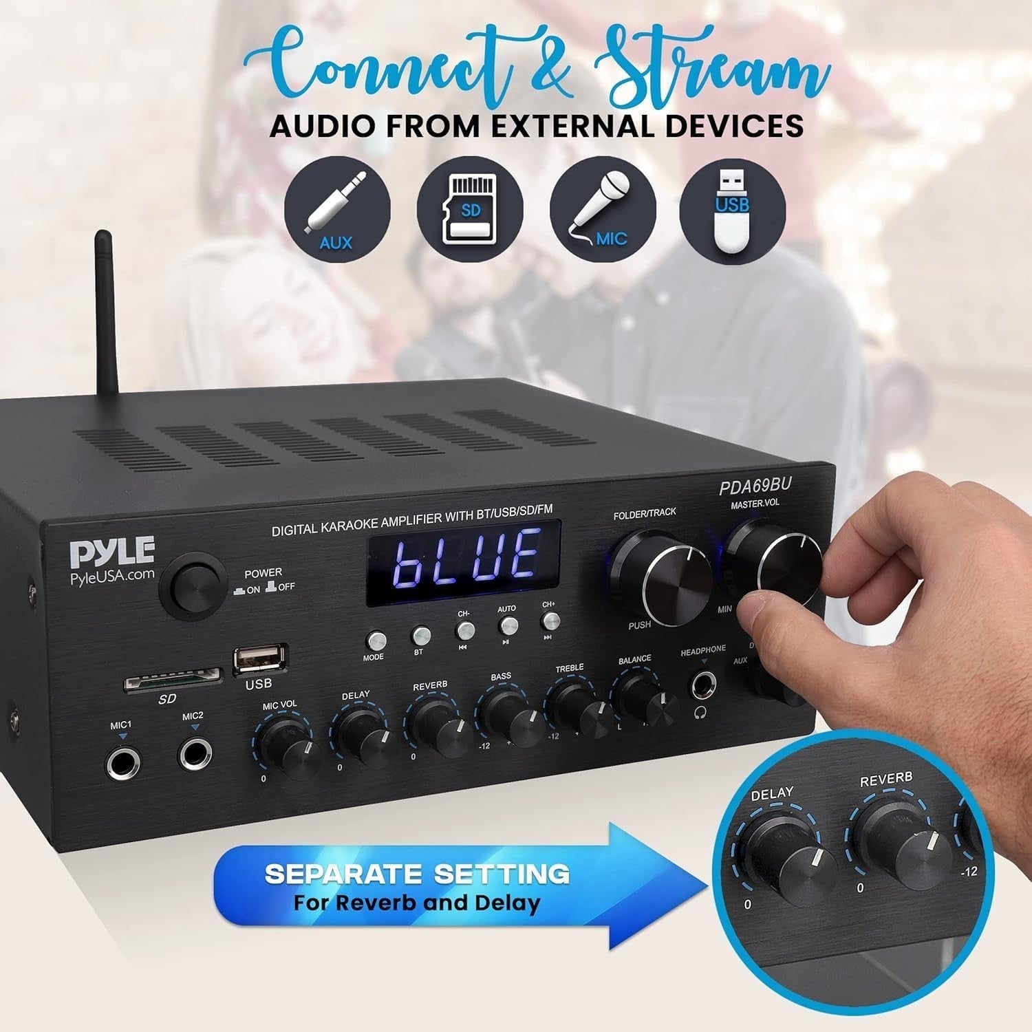 300W 2-Channel Bluetooth Stereo Amplifier Receiver AUX USB FM Mic Inputs