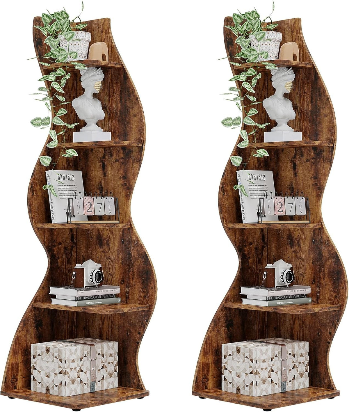 2PC Rustic 5-Tier Corner Bookshelf Wave Design Wall Storage Rack for Living Room