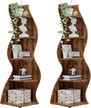 2PC Rustic 5-Tier Corner Bookshelf Wave Design Wall Storage Rack for Living Room