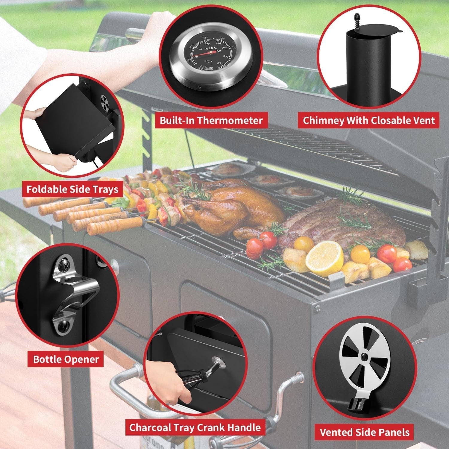 Large Charcoal BBQ Grill with Dual Adjustable Trays & Temperature Gauge