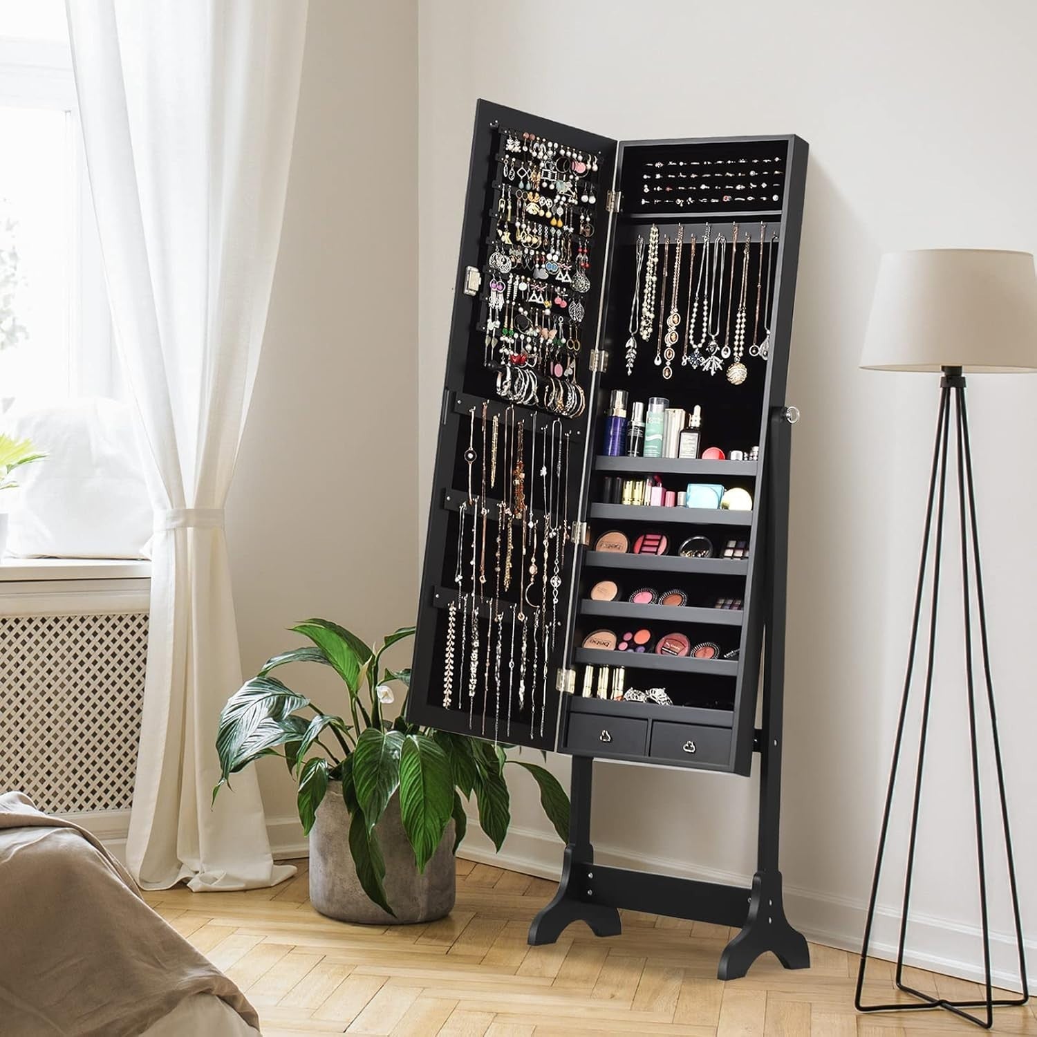 Lockable Standing Jewelry Armoire Full Length Mirror Large Storage Black