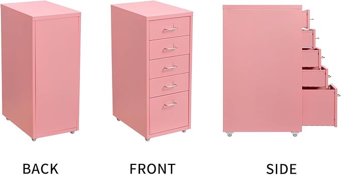 5 Drawer Metal File Cabinet with Wheels, Lockable Office Storage Unit