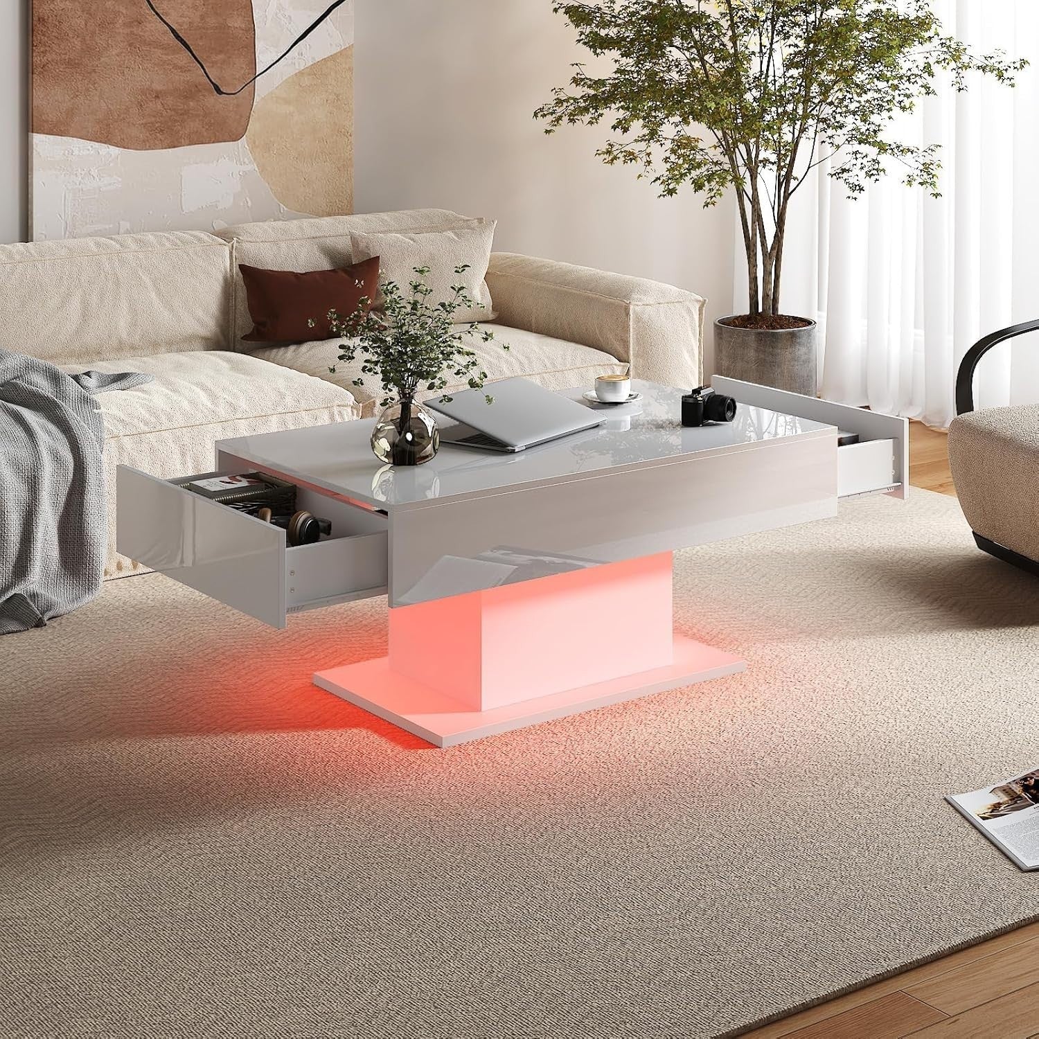 White LED Coffee Table with 2 Drawers, High Gloss Rectangular 110x55cm