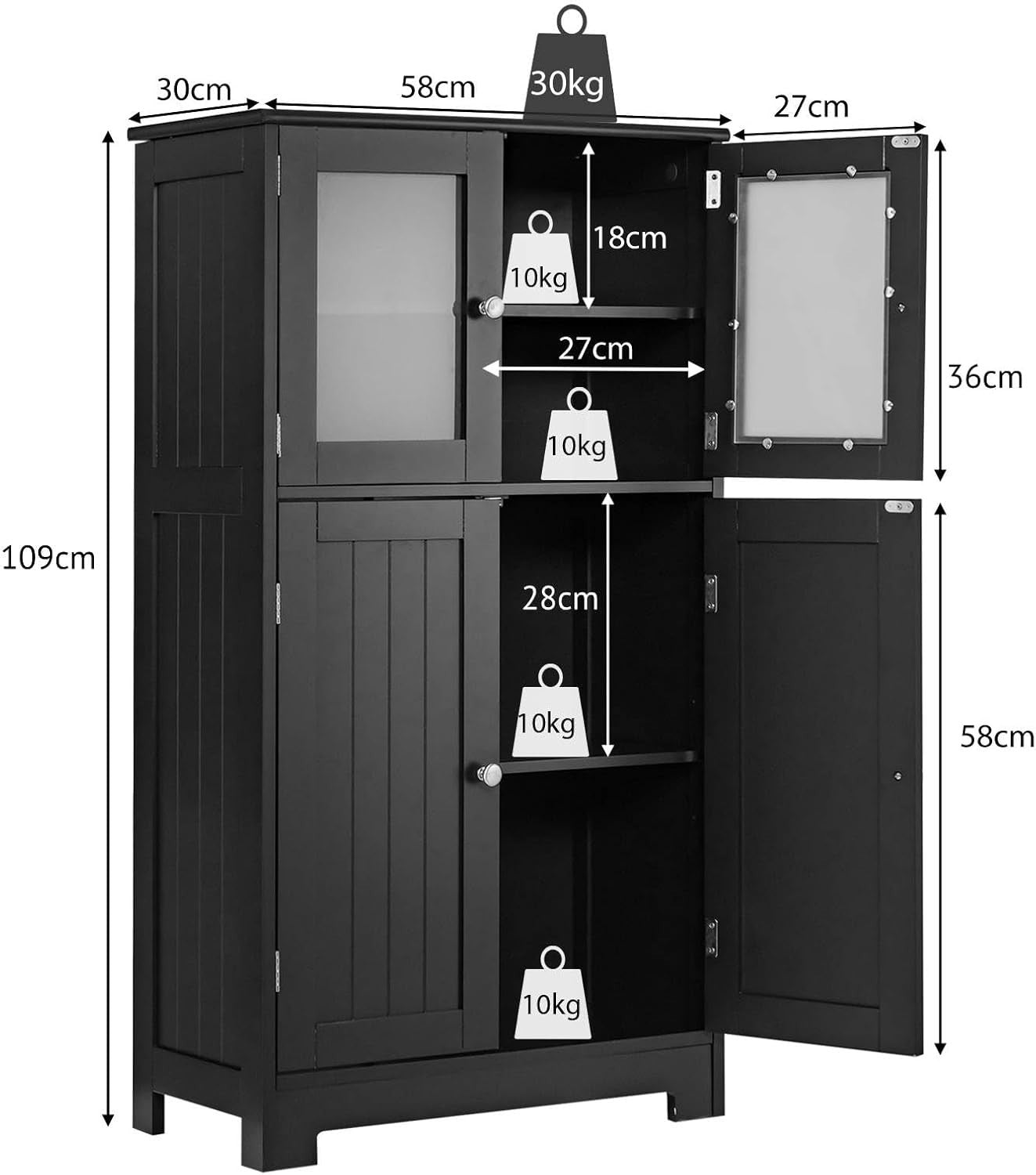 Bathroom Floor Cabinet Freestanding with Tempered Glass & Adjustable Shelves