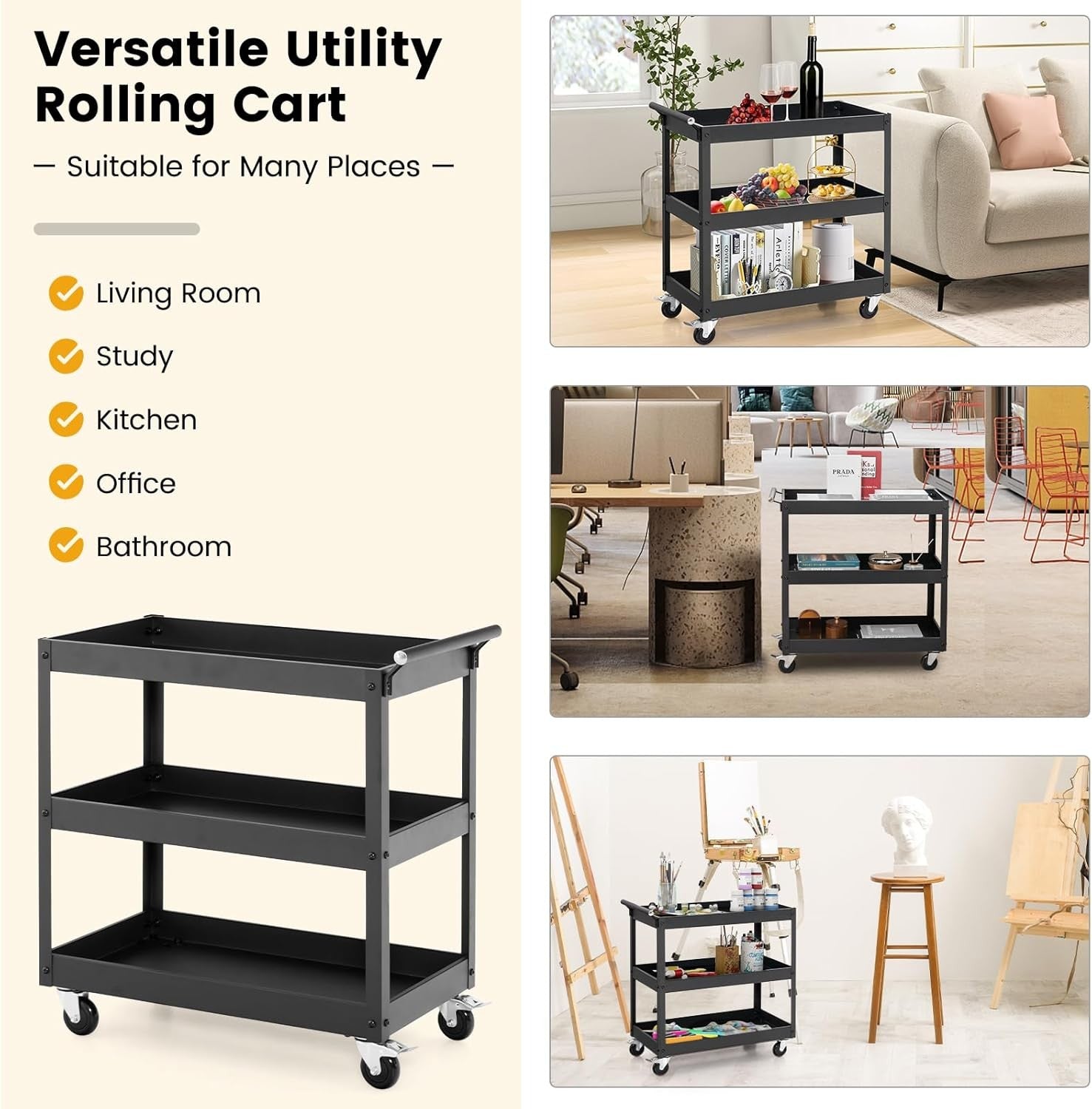 3 Tier Heavy Duty Tool Trolley Rolling Utility Cart Lockable Wheels Black