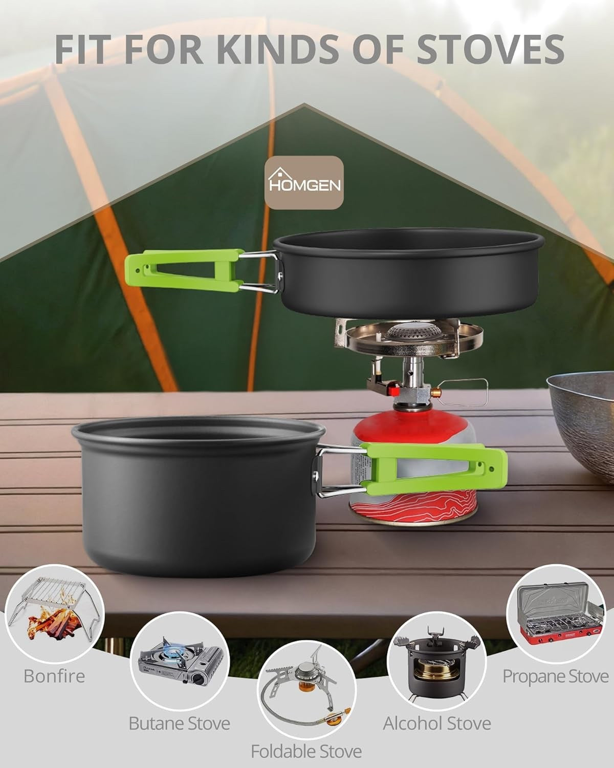 Green Camping Cookware Set with Pot Frying Pan Kettle & Utensils for 1-2 People