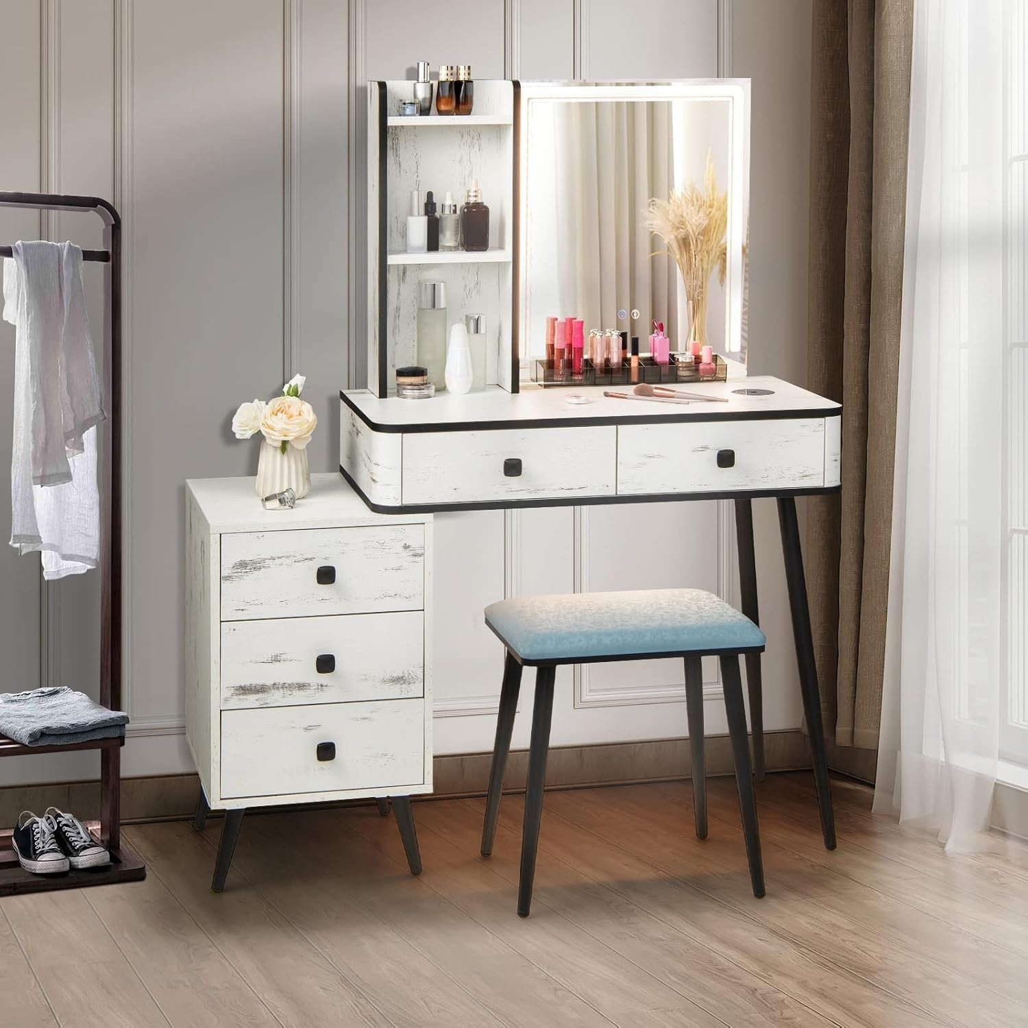 Vanity Makeup Dressing Table Set w/ LED Light Mirror Stool Charging Station