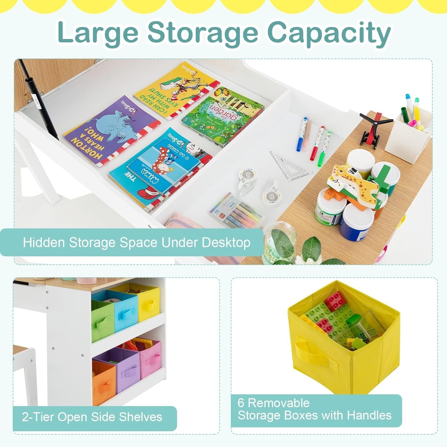 Kids Art Table and Chair Set with Storage Bins & Easel Desk Natural White 5 Cups