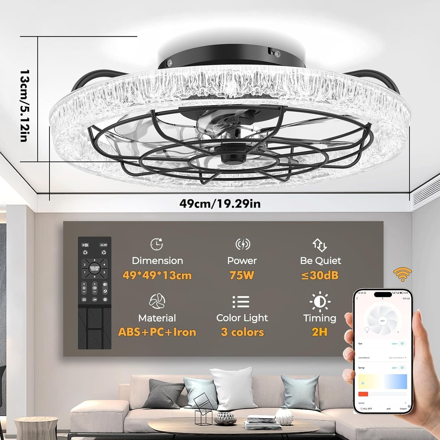 Bellanny 49CM Ceiling Fan, 6 Speeds, Dimmable LED, Reversible, Quiet Motor