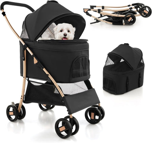 3in1 Pet Stroller Dog Pushchair Detachable Carrier Foldable Black Gold