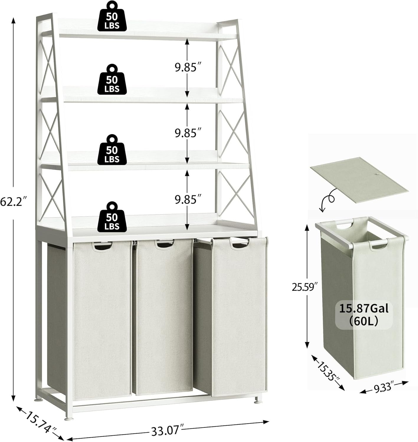 White 3 Section Laundry Hamper with 4 Tier Shelf Removable Bags & Wheels Unit