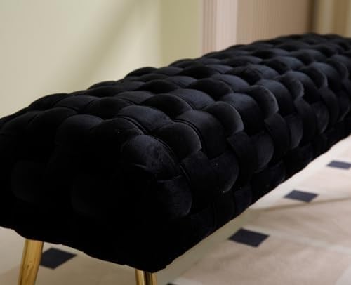 Velvet Ottoman Bench with Gold Metal Legs, Black Upholstered Entryway Seat