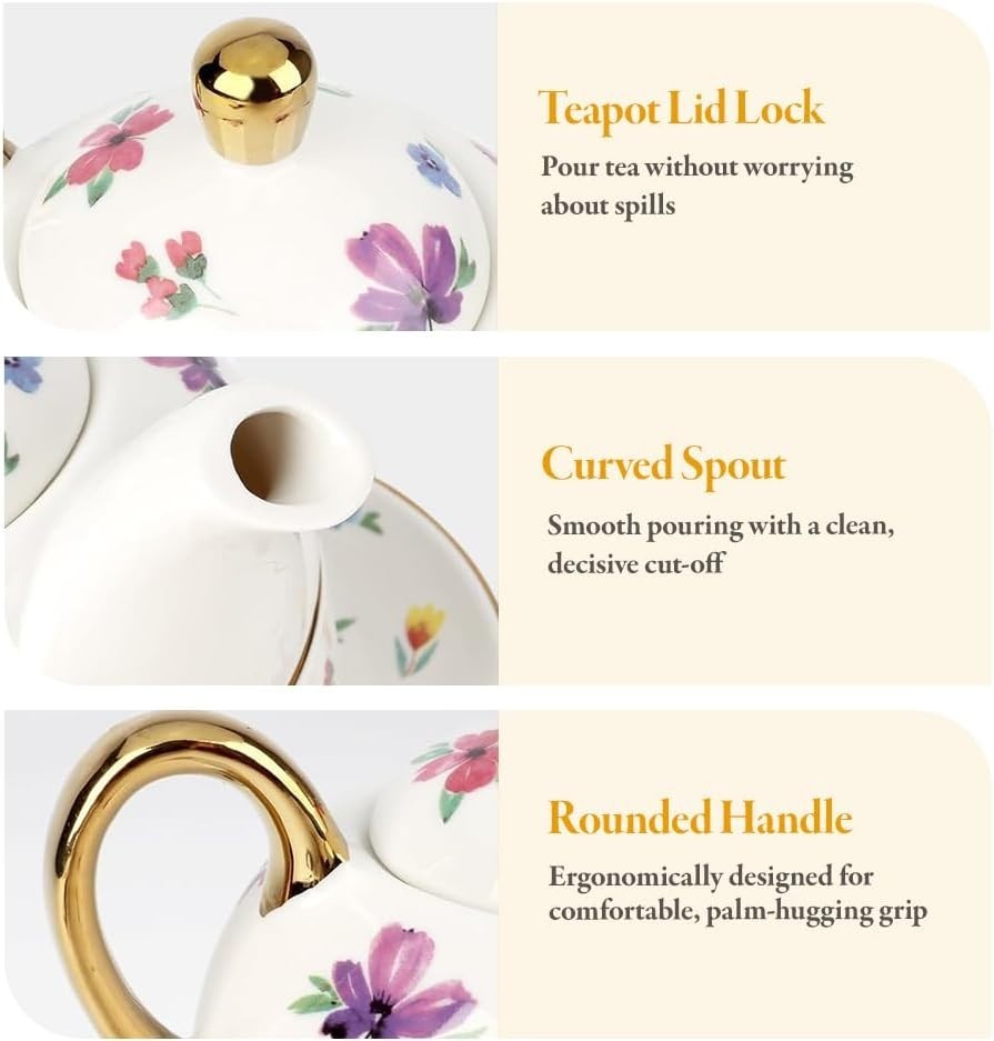 Tea for One Set Floral Teapot Cup Saucer Gold Trim Porcelain Gift Set